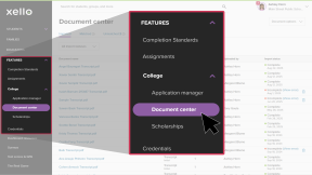 Educator account in Xello. In the left menu, Features is open. The College menu is also open and the cursor is selecting Document center.